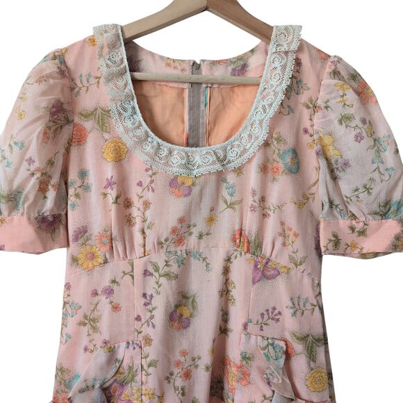 Vintage 50s-60s Empire Waist Dress Lace Pockets Floral Pink Hyper Feminine Girly - Picture 5 of 13